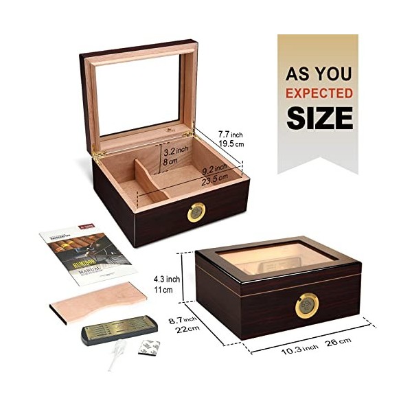 Slege Cave à Cigares Artisanale, Cave Cigare,Hygromètre Numérique,Haut Transparent Boîte à Cigare Cèdre Espagnol,avec Séparat