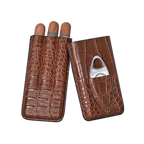 Volenx Boîte à Cigare, Étui à Cigare Portable avec Coupe Cigare, Humidor Cigare en Cuir de Motif Crocodile pour 3 Cigares, Ca