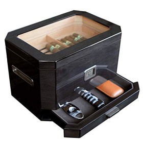 CASE ELEGANCE Grand Humidor en Cèdre Noir Octodor avec Hygromètre Numérique, Système Dhumidification et Tiroir à Accessoires