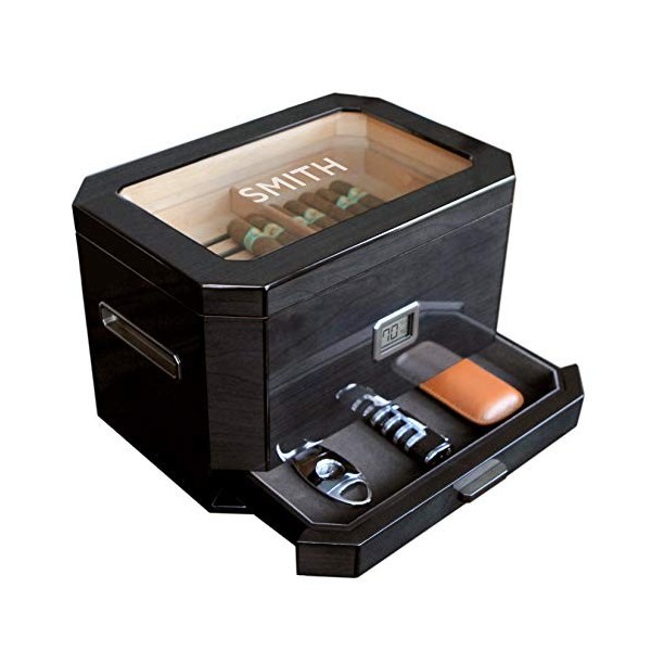 CASE ELEGANCE Grand Humidor en Cèdre Noir Octodor avec Hygromètre Numérique, Système Dhumidification et Tiroir à Accessoires