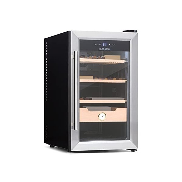 KLARSTEIN El Presidente - Cave à cigares électrique avec Porte vitrée, humidificateur à cigares avec tiroirs en Bois de cèdre