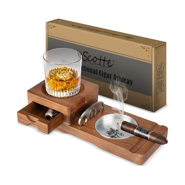 Scotte Cendrier en verre à whisky et cendrier en bois avec coupe-cigares, tiroir et fente pour cigares, pour la maison, le bu