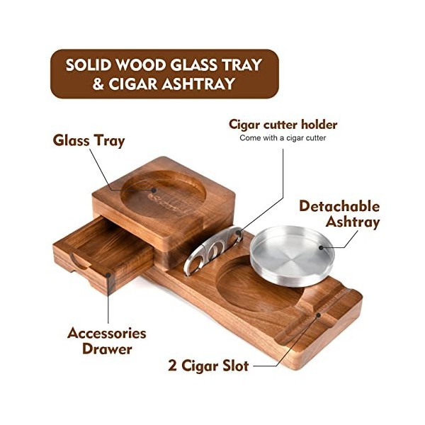 Scotte Cendrier en verre à whisky et cendrier en bois avec coupe-cigares, tiroir et fente pour cigares, pour la maison, le bu