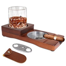 X-BLTU Cendrier à Cigares avec Plateau en Verre à Whisky et Porte-Cigares,1 Coupe-Cigare,Cendrier en Bois,Fente pour Tenir le