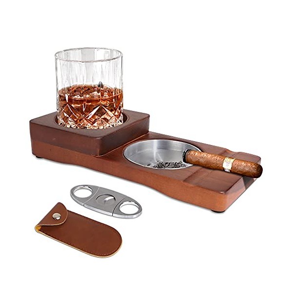 X-BLTU Cendrier à Cigares avec Plateau en Verre à Whisky et Porte-Cigares,1 Coupe-Cigare,Cendrier en Bois,Fente pour Tenir le