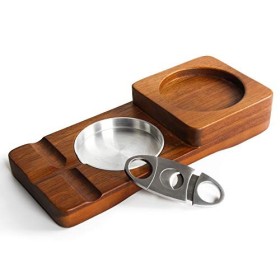 REANICE Cigare Cendrier En Bois Avec 2 Liqueurs De Rhum Personnalisé Whisky Cub Holder 1 Coupe-Cigare En Acier Inoxydable Gui