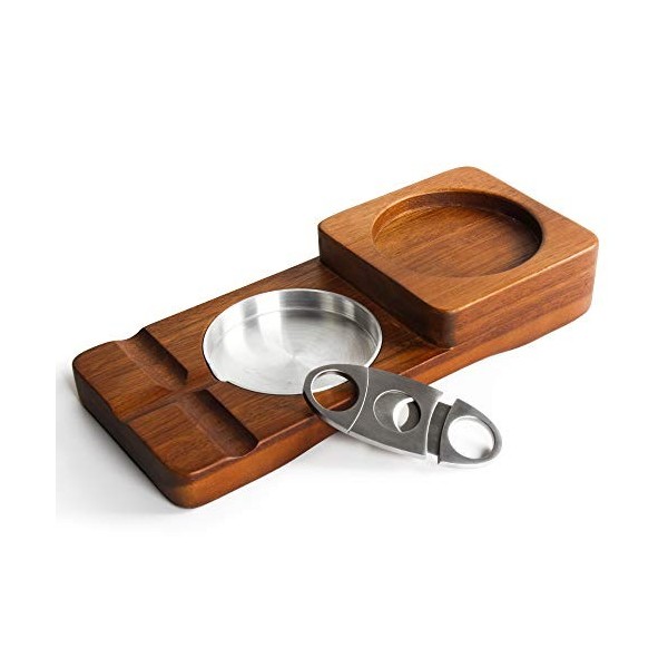 REANICE Cigare Cendrier En Bois Avec 2 Liqueurs De Rhum Personnalisé Whisky Cub Holder 1 Coupe-Cigare En Acier Inoxydable Gui