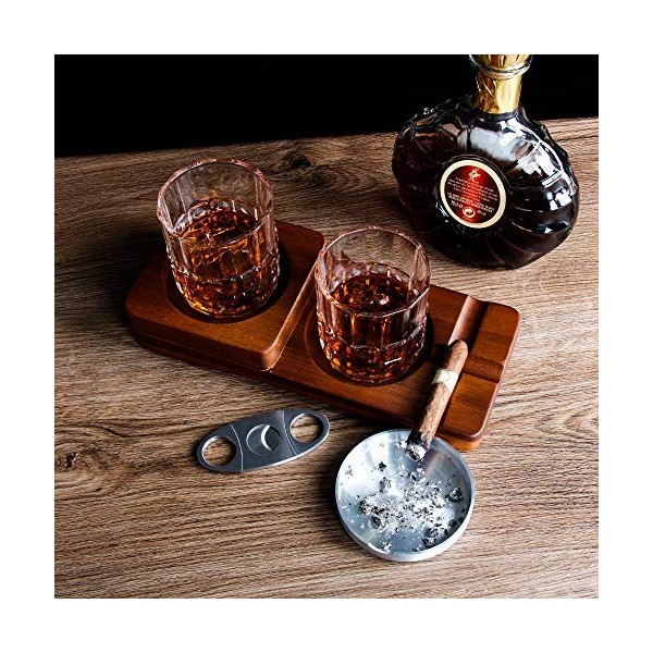 REANICE Cigare Cendrier En Bois Avec 2 Liqueurs De Rhum Personnalisé Whisky Cub Holder 1 Coupe-Cigare En Acier Inoxydable Gui
