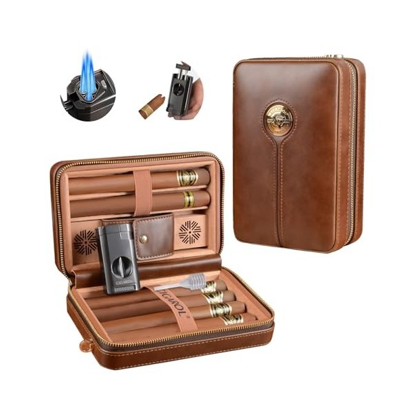 Volenx Boîte à Cigare, Étui à Cigare en Cuir avec Briquet, Humidor Cigare Portable de Voyage avec Plateau en Bois de Cèdre po