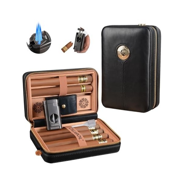 Volenx Boîte à Cigare, Étui à Cigare en Cuir avec Briquet, Humidor Cigare Portable de Voyage avec Plateau en Bois de Cèdre po