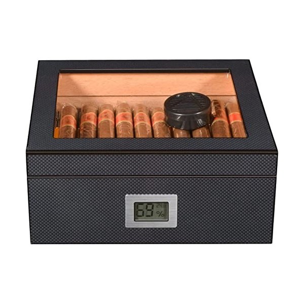 Volenx Boîte à Cigare, Humidor Cigare en Fibre de Carbone, Cave Cigare en Bois de Cèdre pour 50 Cigares, Cadeau pour Homme