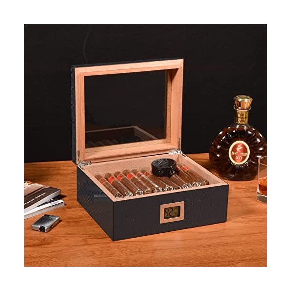 Volenx Boîte à Cigare, Humidor Cigare en Fibre de Carbone, Cave Cigare en Bois de Cèdre pour 50 Cigares, Cadeau pour Homme