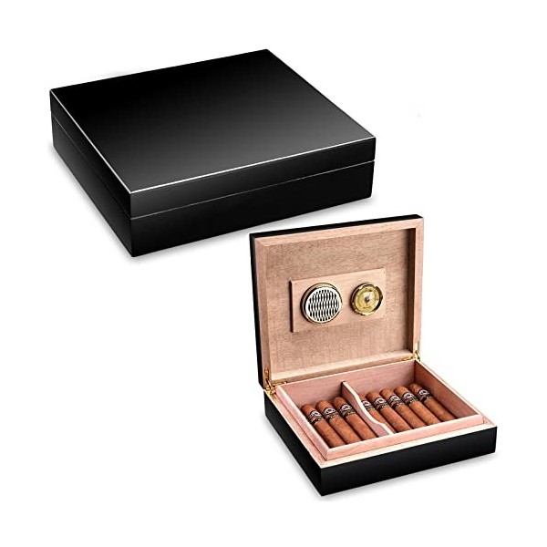 CIGARLOONG Humidor Bois de Cèdre Petite Boîte de Bureau avec Hygromètre et Humidificateur Peut contenir 20 cigares Noir