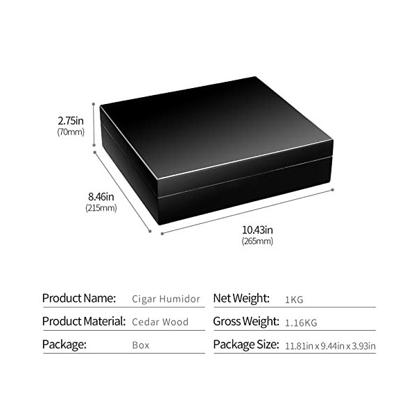 CIGARLOONG Humidor Bois de Cèdre Petite Boîte de Bureau avec Hygromètre et Humidificateur Peut contenir 20 cigares Noir