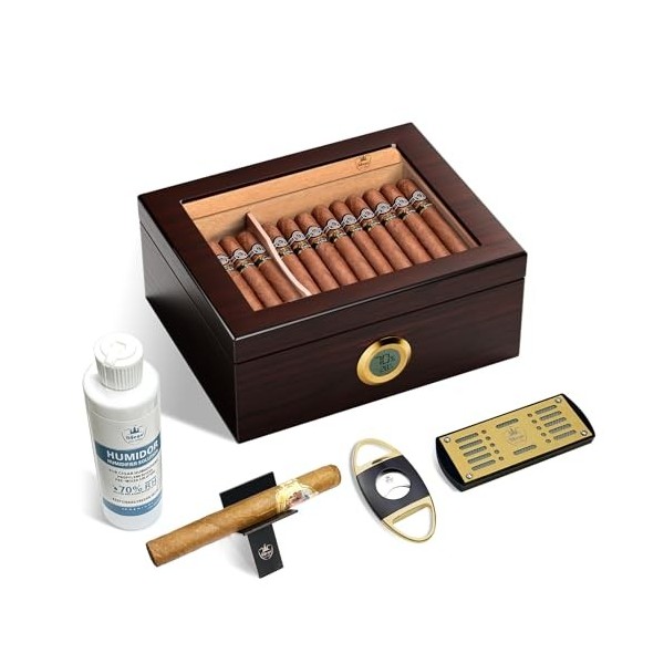 Kit Cave à Cigares,SLEGE Cave Cigares Cèdre Espagnol–Compren Hygromètre Numérique,Coupe Cigare, Support Cigares,Solution de B