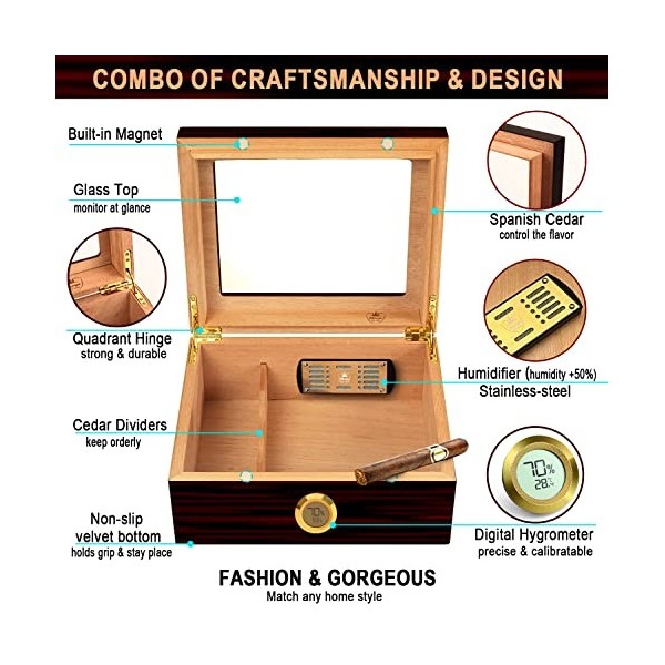 Kit Cave à Cigares,SLEGE Cave Cigares Cèdre Espagnol–Compren Hygromètre Numérique,Coupe Cigare, Support Cigares,Solution de B