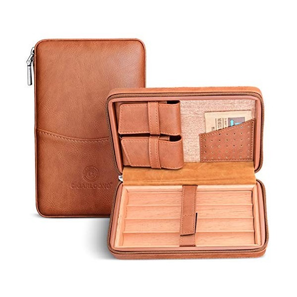 CIGARLOONG Étui de Voyage en Cuir pour Cave à Plateau en cèdre Amovible intégré avec Sac Multifonction Couleur:Marron 