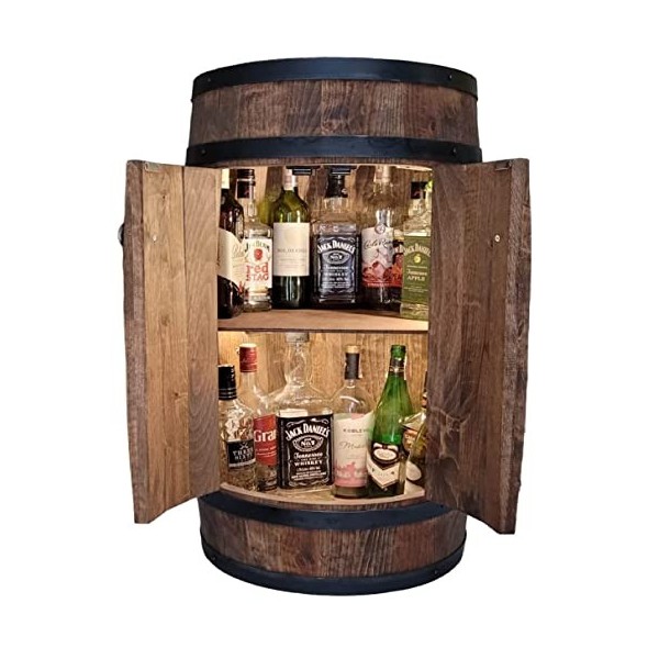 weeco Baril en bois avec 2 portes et LED, 80 cm, tonneau de vin - Fait à la main - Étagère à bouteilles de bar vintage