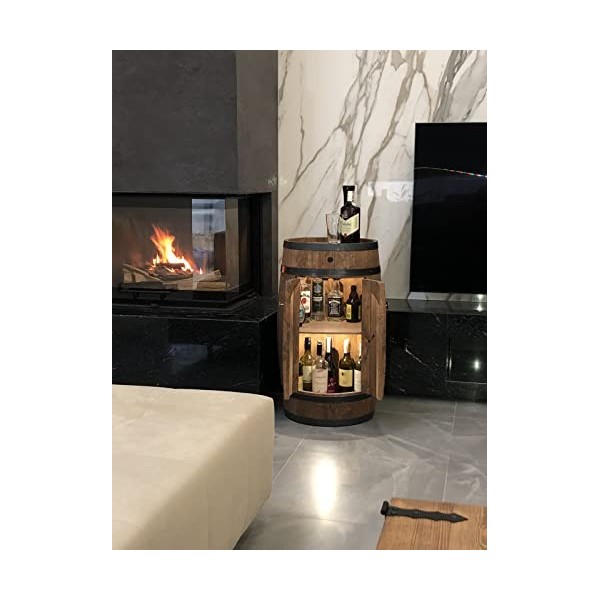 weeco Baril en bois avec 2 portes et LED, 80 cm, tonneau de vin - Fait à la main - Étagère à bouteilles de bar vintage