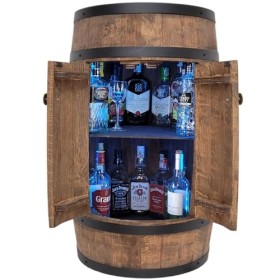 weeco Tonneau en Bois LED avec Deux Portes 80 cm. Cadeau pour Homme – Étagère en Bois – Baril – Fait à la Main – Mini Bar éta