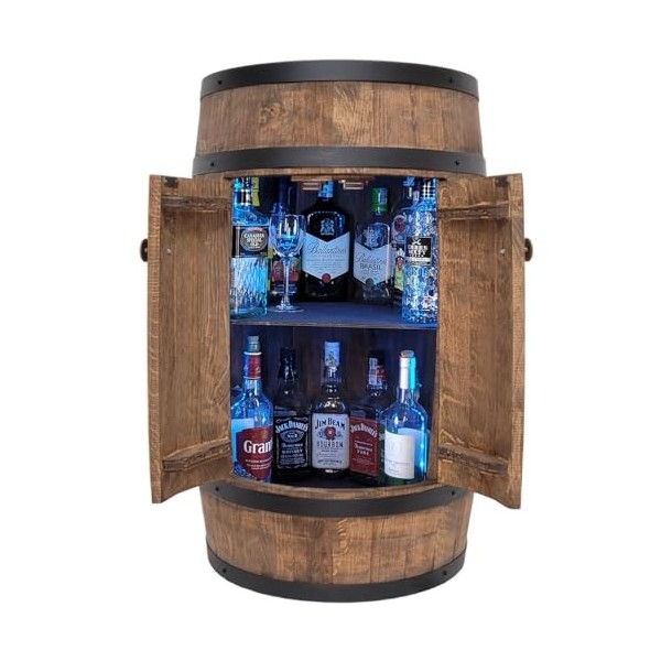 weeco Tonneau en Bois LED avec Deux Portes 80 cm. Cadeau pour Homme – Étagère en Bois – Baril – Fait à la Main – Mini Bar éta