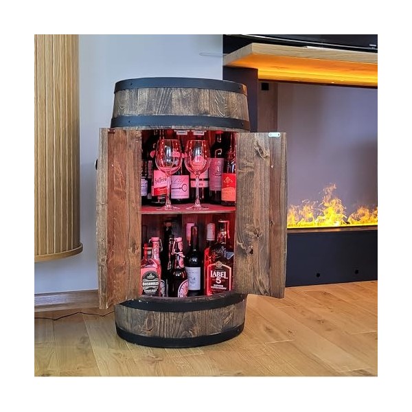 weeco Tonneau en Bois LED avec Deux Portes 80 cm. Cadeau pour Homme – Étagère en Bois – Baril – Fait à la Main – Mini Bar éta