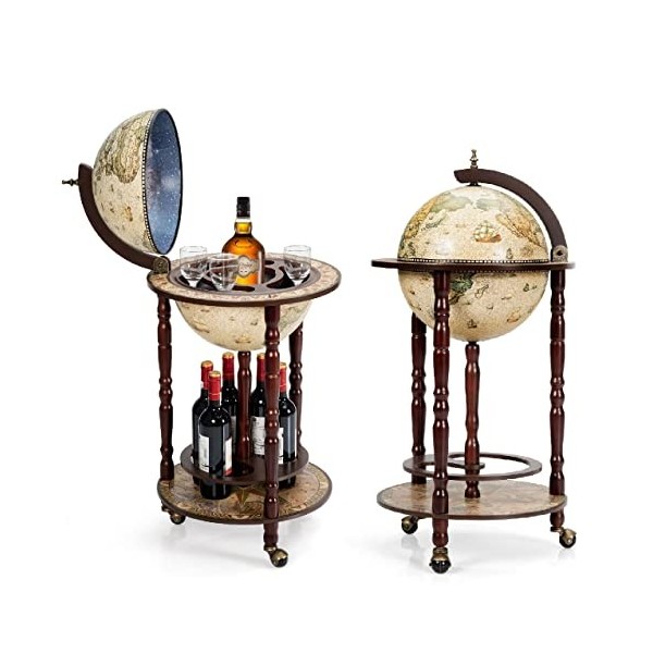 Giantex Bar Globe Terrestre avec 3 roulettes,Porte-Bouteille Globe Terrestre Mappemonde Support en Bois,Chariot de Bar Vintag