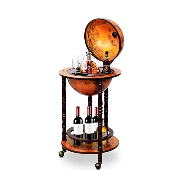 Giantex Bar Globe Terrestre avec 3 roulettes,Porte-Bouteille Globe Terrestre Mappemonde Support en Bois,Chariot de Bar Vintag