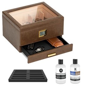 CASE ELEGANCE Belmont Glass Top Humidor Premium Vegan Leather, Hygromètre numérique avant, Cèdre espagnol, Solution dhumidif