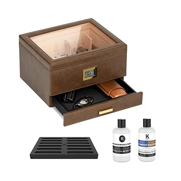 CASE ELEGANCE Belmont Glass Top Humidor Premium Vegan Leather, Hygromètre numérique avant, Cèdre espagnol, Solution dhumidif