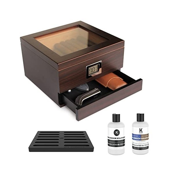 CASE ELEGANCE Belmont Glass Top Humidor Premium Vegan Leather, Hygromètre numérique avant, Cèdre espagnol, Solution dhumidif