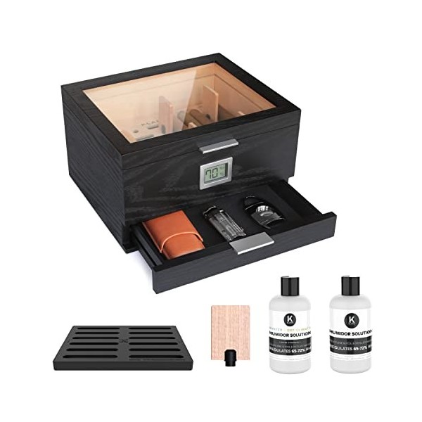 CASE ELEGANCE Belmont Glass Top Humidor Premium Vegan Leather, Hygromètre numérique avant, Cèdre espagnol, Solution dhumidif