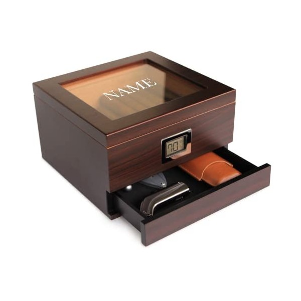 CASE ELEGANCE Belmont Glass Top Humidor Premium Vegan Leather, Hygromètre numérique avant, Cèdre espagnol, Solution dhumidif