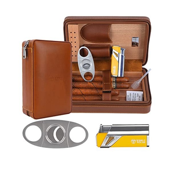 Etui de voyage portable pour 4 cigares, Coupe-cigare, Briquet ，Humidificateurpour cigares avec Coupe-cigare et Humidificateur
