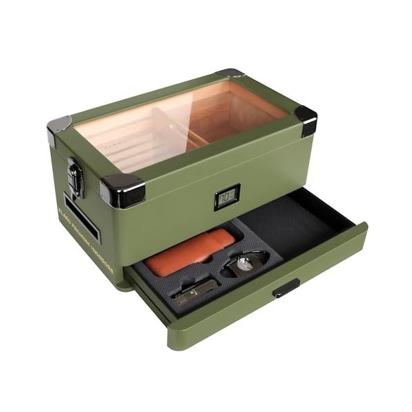 Case Elegance Military Glass Top Humidor, Matte Green with Front Digital Hygrometer, Spanish Cedar, Humidor Solution, Hydro S