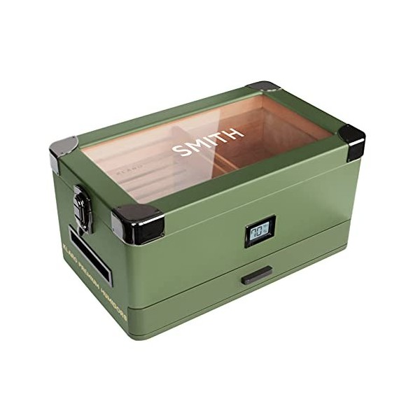 Case Elegance Military Glass Top Humidor, Matte Green with Front Digital Hygrometer, Spanish Cedar, Humidor Solution, Hydro S