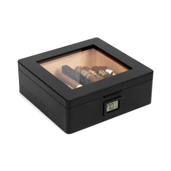 CASE ELEGANCE MAG Humidor, dessus en verre avec joint magnétique, stockage pour 20-30 cigares, noir mat avec matériel noir po
