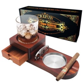 Crefun CK2631 Cendrier à cigares en bois pour homme Accessoires à whisky Coffret cadeau Décoration pour la maison Bureau avec