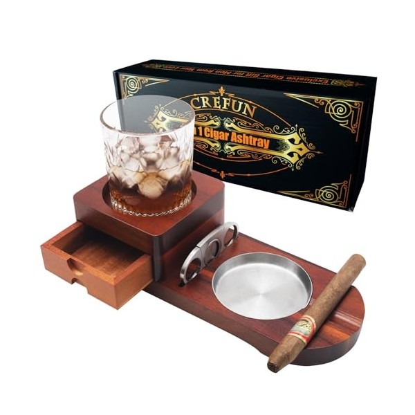 Crefun CK2631 Cendrier à cigares en bois pour homme Accessoires à whisky Coffret cadeau Décoration pour la maison Bureau avec