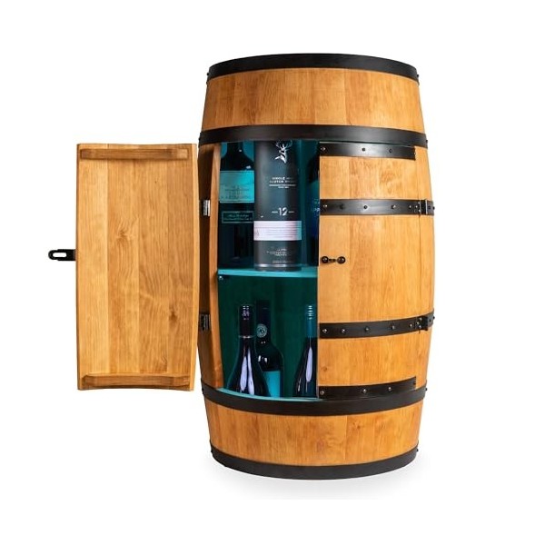 Creative Cooper Casier Porte-vin en Bois avec Porte LED RGB - Armoire à Alcool - Étagère à Bouteilles - Meuble - Baril - 80 c