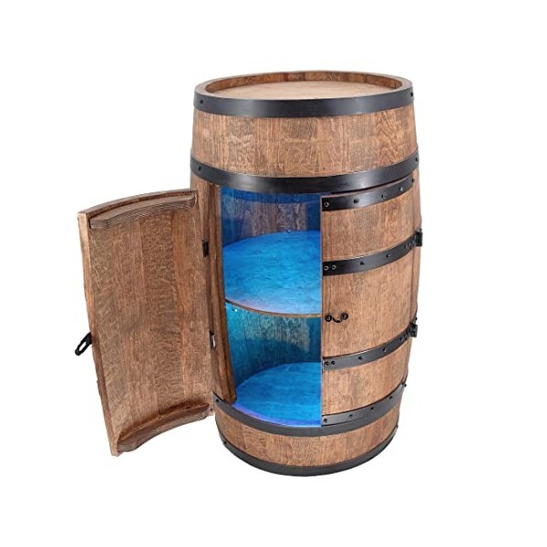 Creative Cooper Casier Porte-vin en Bois avec Porte LED RGB - Armoire à Alcool - Étagère à Bouteilles - Meuble - Baril - 80 c