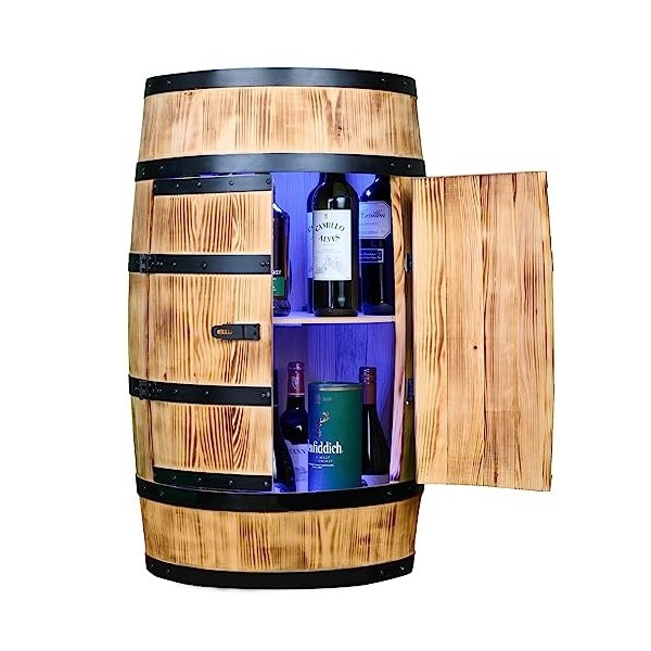 Creative Cooper Casier Porte-vin en Bois avec Porte LED RGB - Armoire à Alcool - Étagère à Bouteilles - Meuble - Baril - 80 c