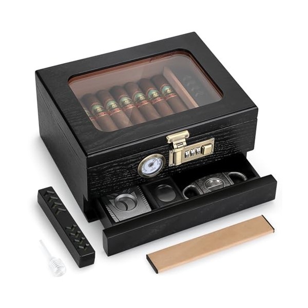 Tesonway Cave à cigares, cave à cigares en bois de cèdre, cave à cigares, avec dessus en verre, hygromètre avant, humidificat