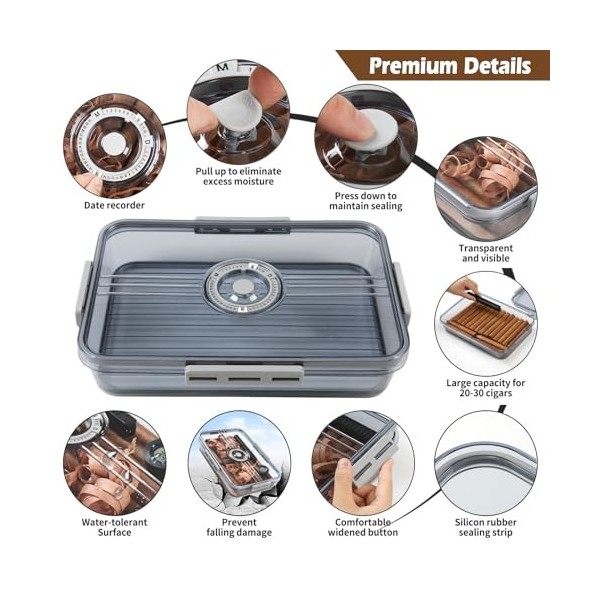 WoodElric Tupperware Cave à cigares hermétique avec accessoires inclus en papier cèdre espagnol, humidificateur, hygromètre, 