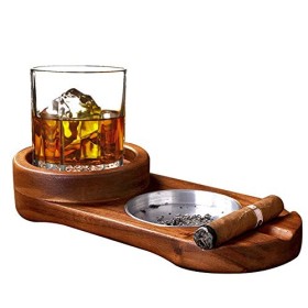 Labeol Cendrier cadeau pour papa, plateau en verre à whisky et porte-cigare, cendrier en bois pour contenir des cigares, ense