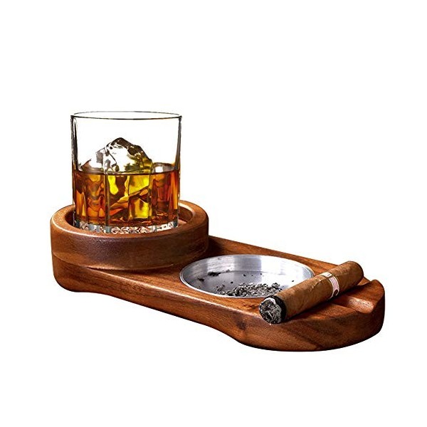 Labeol Cendrier cadeau pour papa, plateau en verre à whisky et porte-cigare, cendrier en bois pour contenir des cigares, ense
