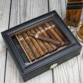 Cave à cigares, fait à la main en cèdre recouvert de cuir noir, peut contenir 20 à 25 cigares noir 