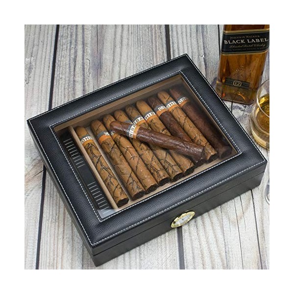 Cave à cigares, fait à la main en cèdre recouvert de cuir noir, peut contenir 20 à 25 cigares noir 