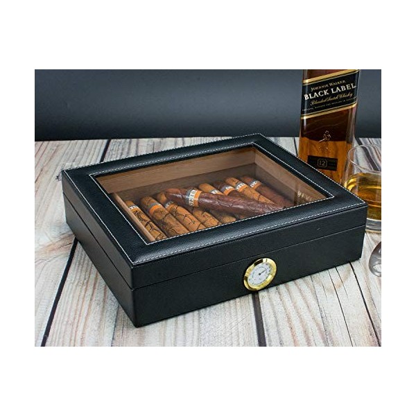 Cave à cigares, fait à la main en cèdre recouvert de cuir noir, peut contenir 20 à 25 cigares noir 