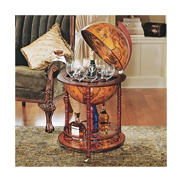 Design Toscano Réplique Italienne Globe Terrestre du XVIe siècle Armoire Bar Chariot sur Roues, 96.5 cm, MDF bois, sépia Fini